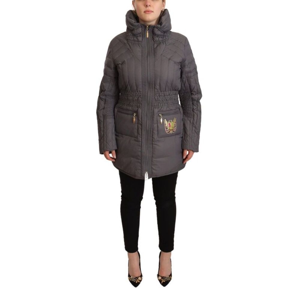 Roccobarocco Gray Quilted Long Sleeves Logo Patch Full Zip Women's Jacket